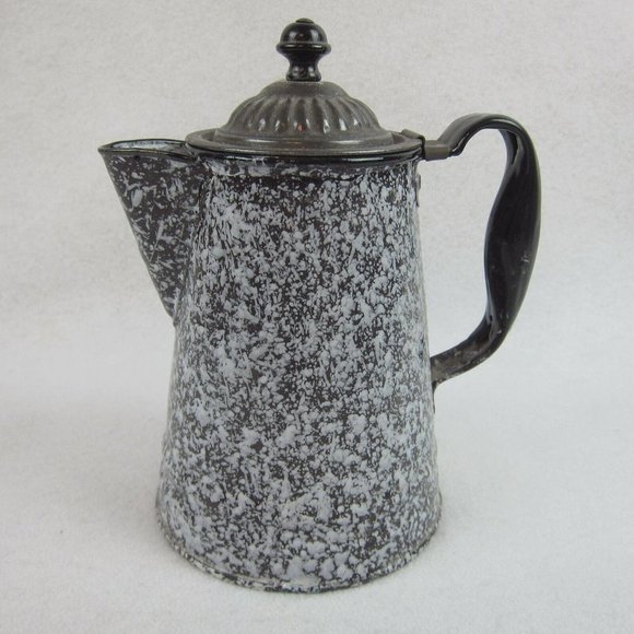 Kitchen Vintage Enamelware Graniteware Coffee Pot Boiler Large Speckled Black White Gray